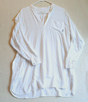 DKNY Womens Tunic Shirt Dress White Split Neck Coastal Grandma Resort Pockets